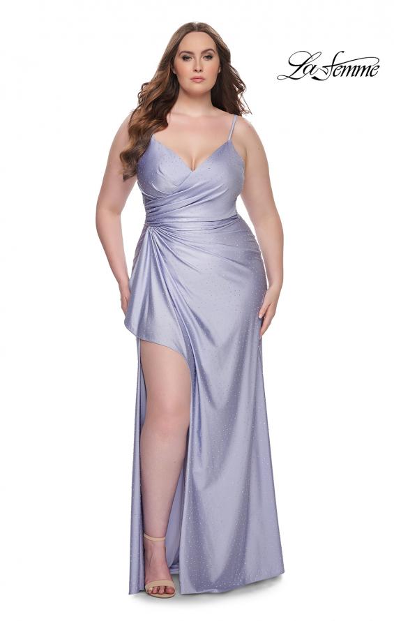 Picture of: Rhinestone Embellished Jersey Dress with Lace Illusion Back in Light Periwinkle, Style: 31309, Detail Picture 1
