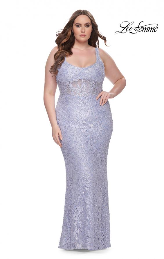 Picture of: Fitted Beaded Lace Plus Size Prom Dress with Illusion Waist in Light Periwinkle, Style: 31535, Detail Picture 1