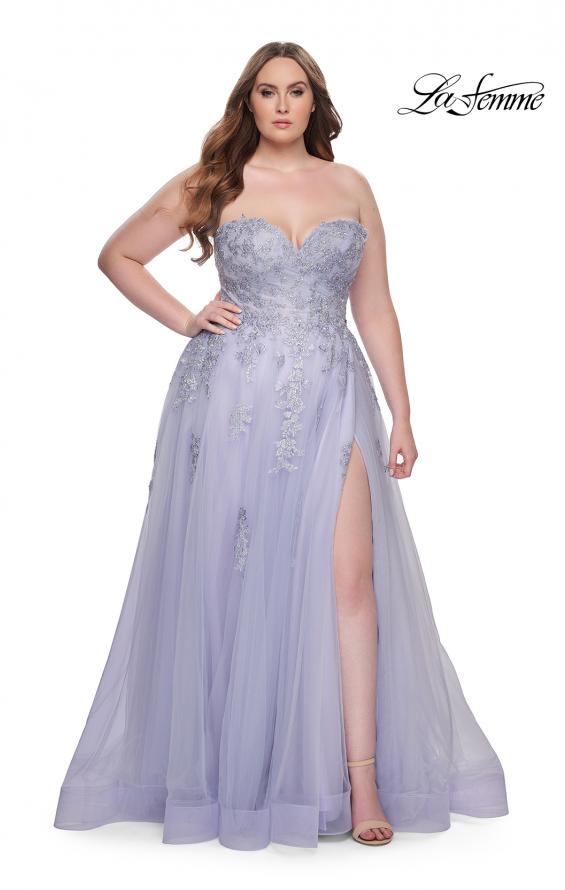 Picture of: Strapless Lace and Tulle A-Line Plus Gown with Tie Back in Light Periwinkle, Style: 31570, Detail Picture 2