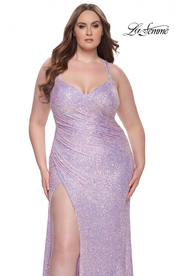 Picture of: Plus Size Sequin Prom Dress with Ruching and Slit in Light Periwinkle, Style: 31162, Detail Picture 3
