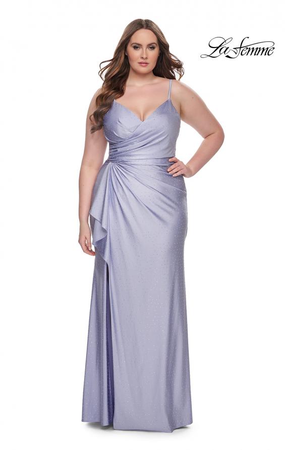 Picture of: Rhinestone Embellished Jersey Dress with Lace Illusion Back in Light Periwinkle, Style: 31309, Detail Picture 6
