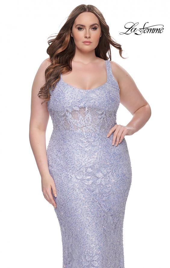 Picture of: Fitted Beaded Lace Plus Size Prom Dress with Illusion Waist in Light Periwinkle, Style: 31535, Detail Picture 7