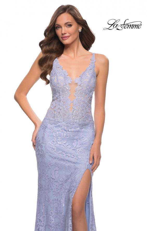 Picture of: Fitted Stretch Lace Gown with Deep V and Beading in Light Periwinkle, Style 29977, Main Picture