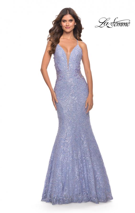 Picture of: Mermaid Beaded Lace Prom Dress with Illusion Sides in Light Periwinkle, Style: 31354, Main Picture