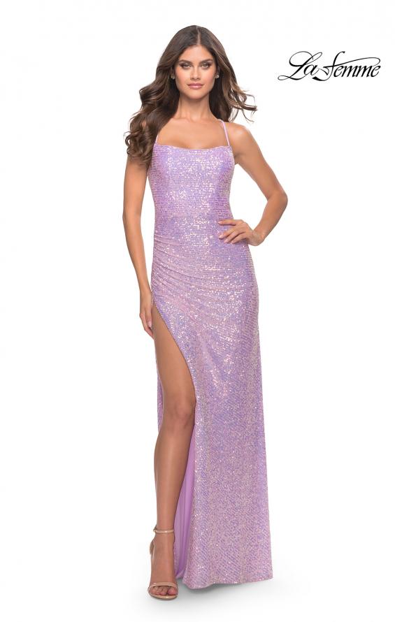 Picture of: Ruched Sequin Prom Dress with High Side Slit in Light Periwinkle, Style: 31405, Main Picture