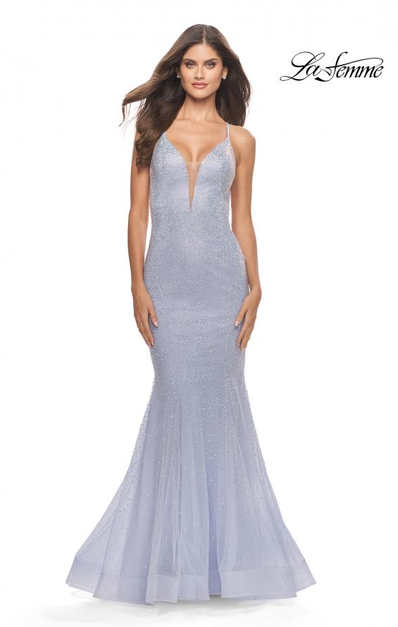 Picture of: Mermaid Rhinestone Tulle Gown with Open Back in Neon in Light Periwinkle, Style: 31407, Main Picture