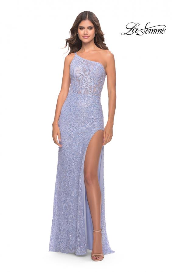 Picture of: Beaded Lace One Shoulder Dress with Unique Lace Up Back in Light Periwinkle, Style: 31515, Main Picture
