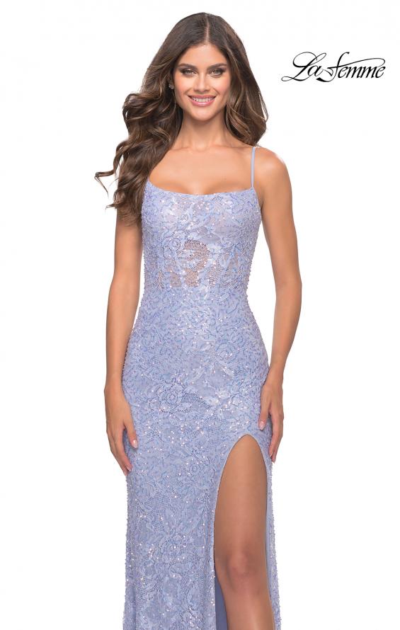 Picture of: Beaded Lace Dress with Illusion Bodice and Square Neckline in Light Periwinkle, Style: 31526, Main Picture