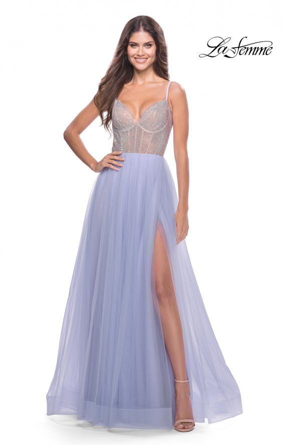 Picture of: Sheer Rhinestone Bodice A-Line Tulle Gown in Light Periwinkle, Style: 31578, Main Picture