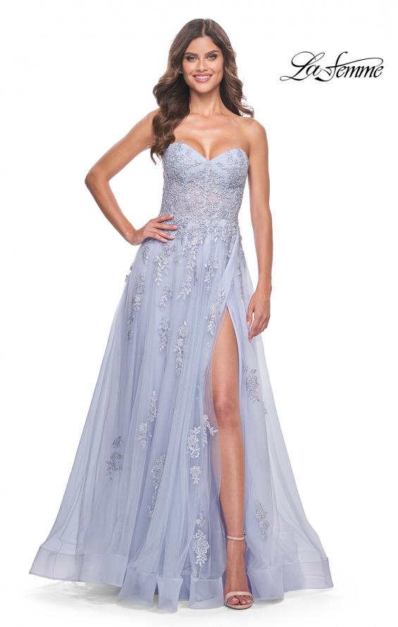 Picture of: Lace Up A-Line Dress with Ruched Bodice and Sweetheart Top in Light Periwinkle, Style: 32084, Main Picture