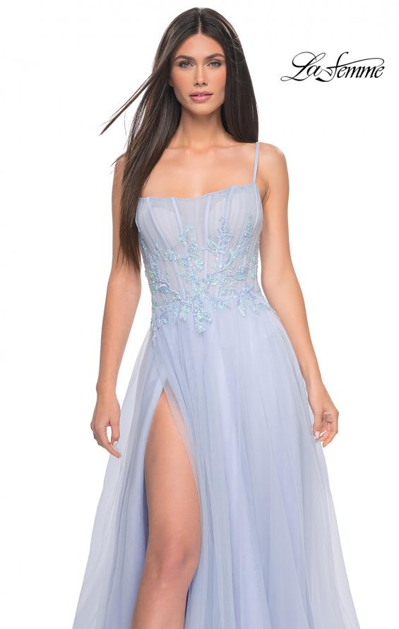 Picture of: Tulle A-line Dress with Beaded Lace Waist and Square Neckline in Light Periwinkle, Style: 32293, Main Picture