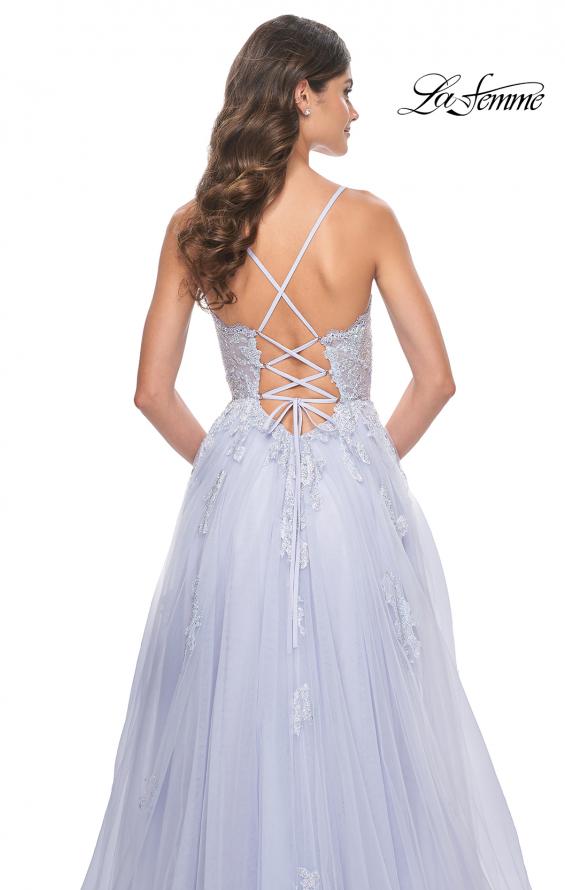 Picture of: A-Line Tulle Gown with Scallop Detail Bodice and Lace Applique in Light Periwinkle, Style: 32028, Detail Picture 8
