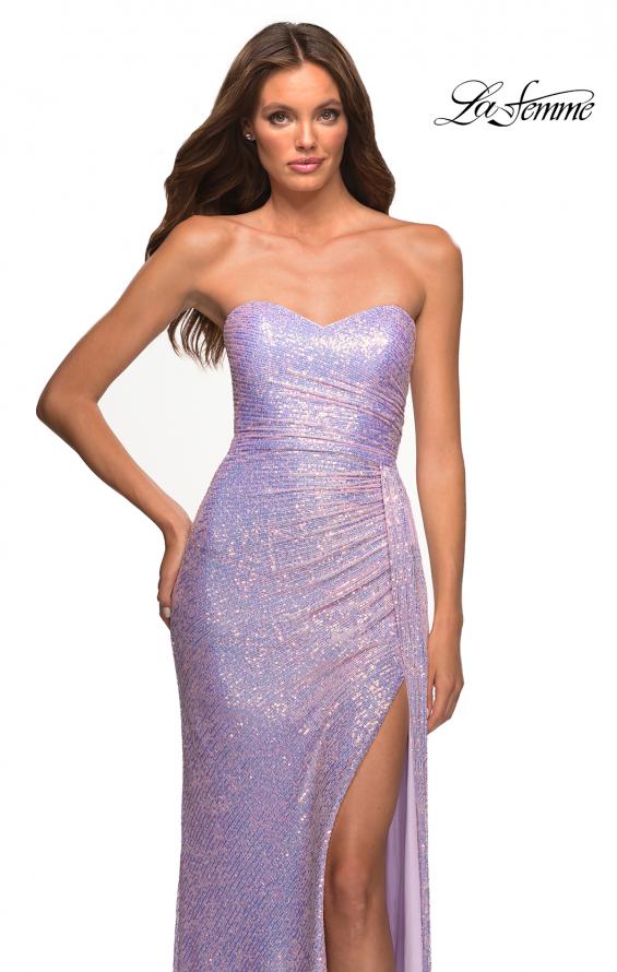Picture of: Strapless Sequin Gown with Draped Slit in Light Periwinkle, Detail Picture 9