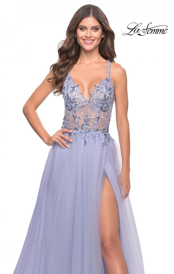 Picture of: Tulle A-Line Gown with Sheer Bodice and Beaded Lace Detail in Light Periwinkle, Style: 31369, Detail Picture 9