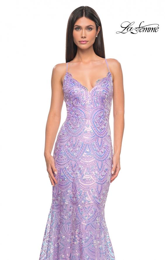 Picture of: Print Sequin Mermaid Dress with Lace Up Back in Light Periwinkle, Style: 31865, Detail Picture 10