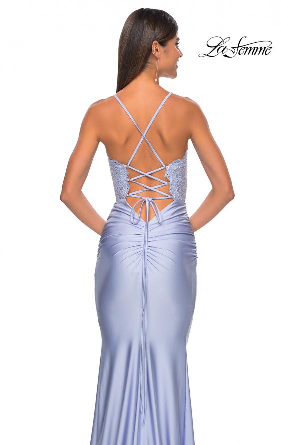 Picture of: Sheer Lace Bodice with Scallop Edge Jersey Long Dress in Light Periwinkle, Style: 31272, Detail Picture 11