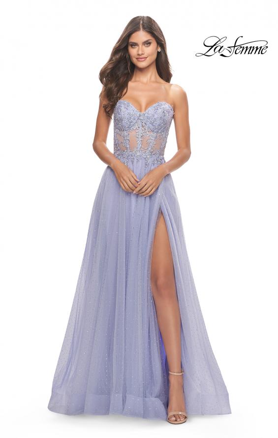 Picture of: Rhinestone Tulle Gown with Sheer Lace Bodice in Light Periwinkle, Style: 31367, Detail Picture 11