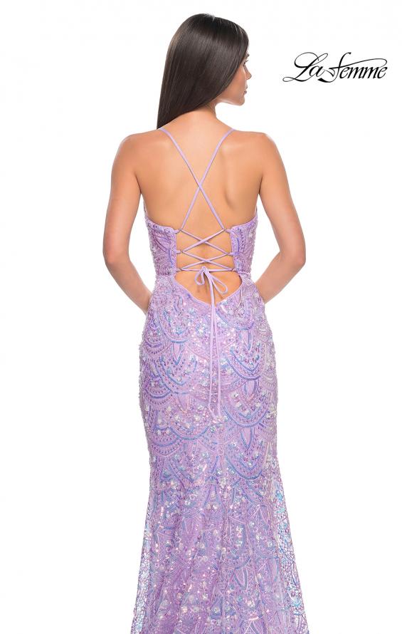 Picture of: Print Sequin Mermaid Dress with Lace Up Back in Light Periwinkle, Style: 31865, Detail Picture 11