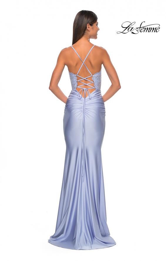 Picture of: Sheer Lace Bodice with Scallop Edge Jersey Long Dress in Light Periwinkle, Style: 31272, Detail Picture 12