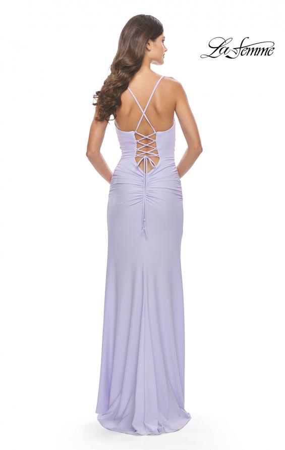 Picture of: Ruched Jersey Dress with Lace Up Back in Light Periwinkle, Style: 31572, Detail Picture 13