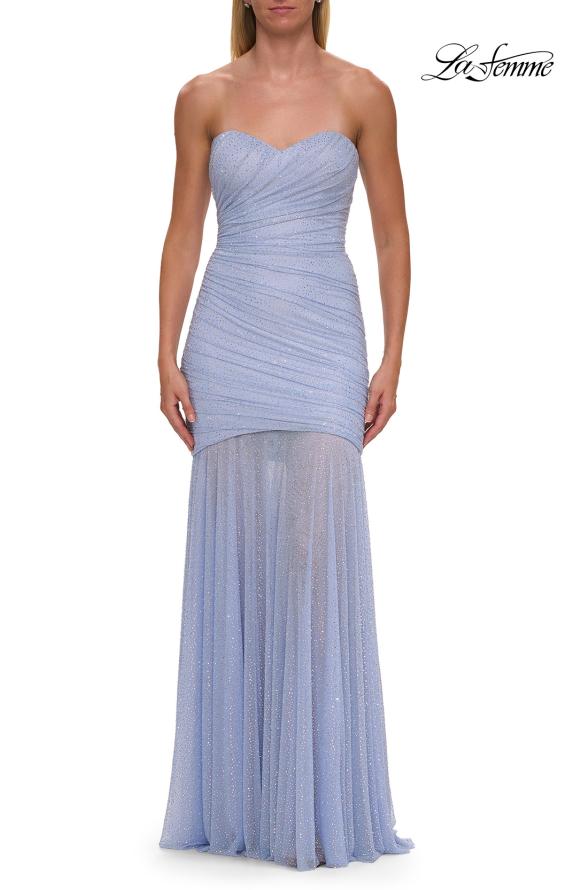 Picture of: Strapless Ruched Rhinestone Gown with Sheer Skirt in Light Periwinkle, Style: 33725, Detail Picture 13