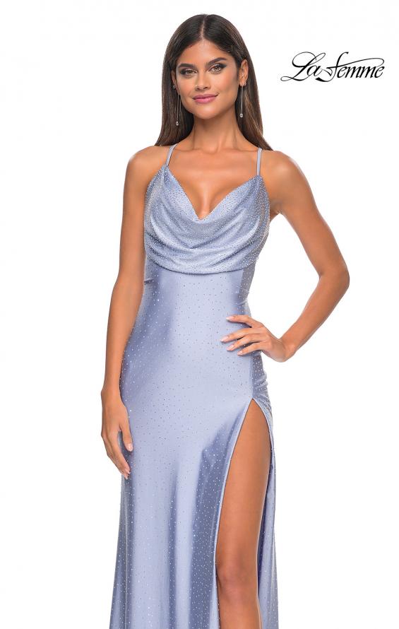 Picture of: Drape Neckline Jeweled Jersey Prom Dress with High Slit in Light Periwinkle, Style: 31221, Detail Picture 16
