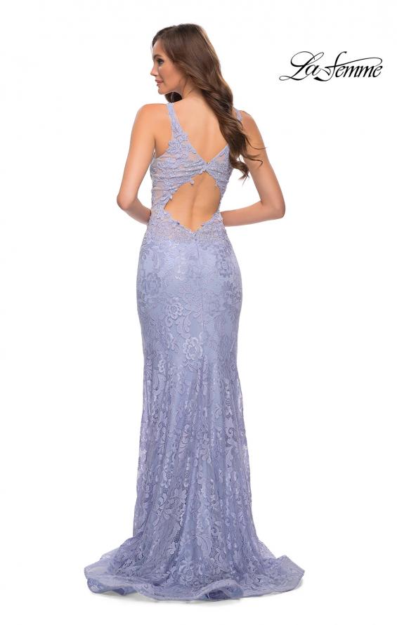 Picture of: Fitted Stretch Lace Gown with Deep V and Beading in Light Periwinkle, Style 29977, Back Picture