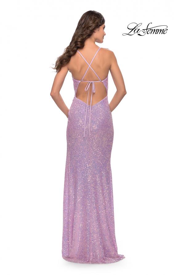 Picture of: Sequin Prom Dress with Ruching and Open Tie Back in Light Periwinkle, Style: 31349, Back Picture