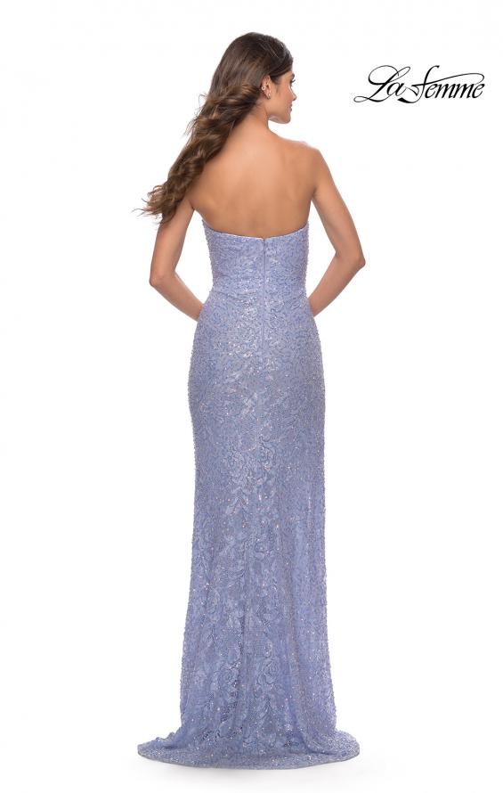 Picture of: Beaded Lace Strapless Dress with High Side Slit in Light Periwinkle, Style: 31351, Back Picture