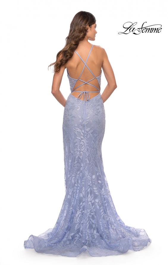 Picture of: Rhinestone Lace Embellished Prom Dress with High Side Slit in Bright Colors in Light Periwinkle, Style: 31404, Back Picture