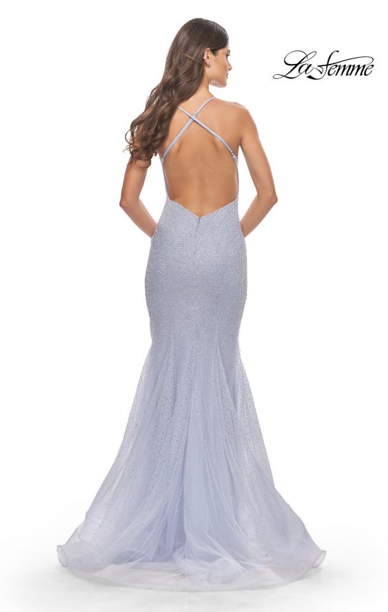 Picture of: Mermaid Rhinestone Tulle Gown with Open Back in Neon in Light Periwinkle, Style: 31407, Back Picture