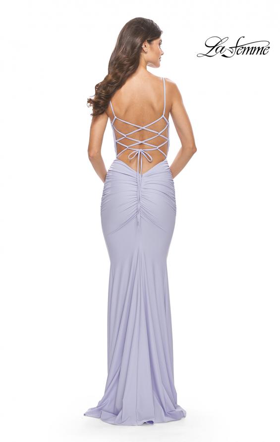 Picture of: Twist Front Cut Out Jersey Prom Dress in Bright Colors in Light Periwinkle, Style: 31435, Back Picture