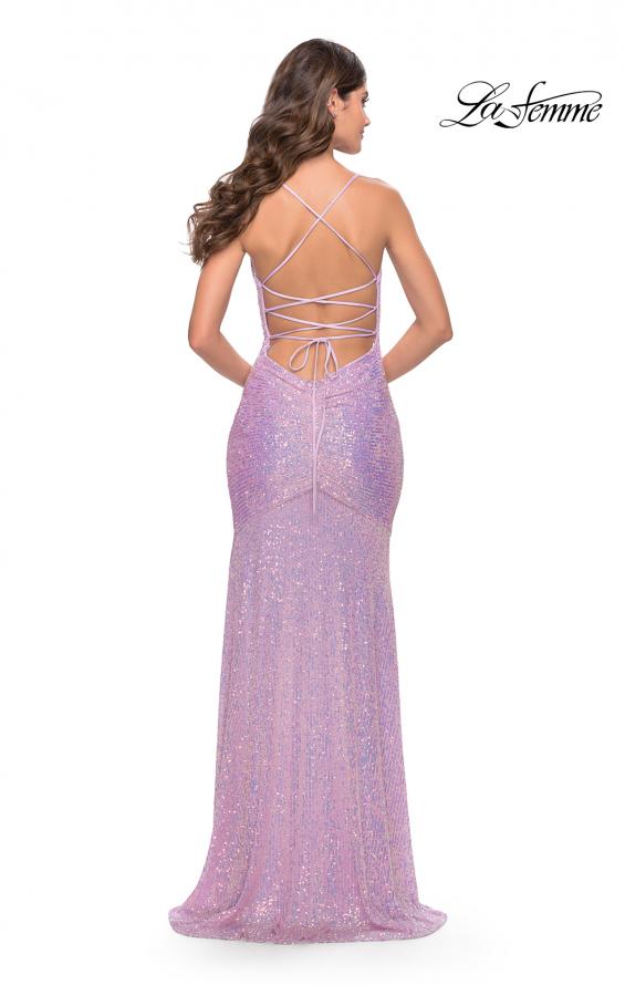 Picture of: Lace Up Back Sequin Gown with Flare Skirt in Bright Colors in Light Periwinkle, Style: 31509, Back Picture