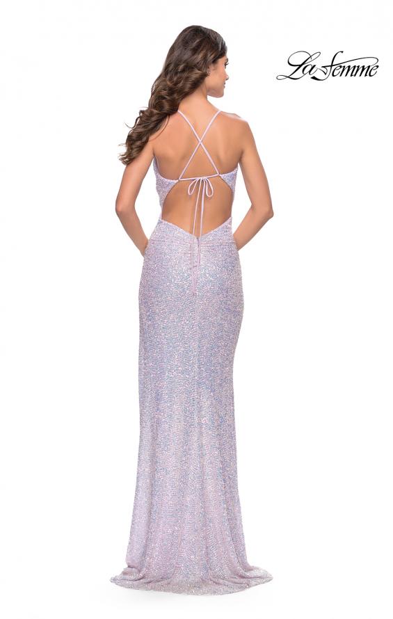 Picture of: Cowl Neck Stretch Sequin Dress with Slit in Light Periwinkle, Style: 31517, Back Picture