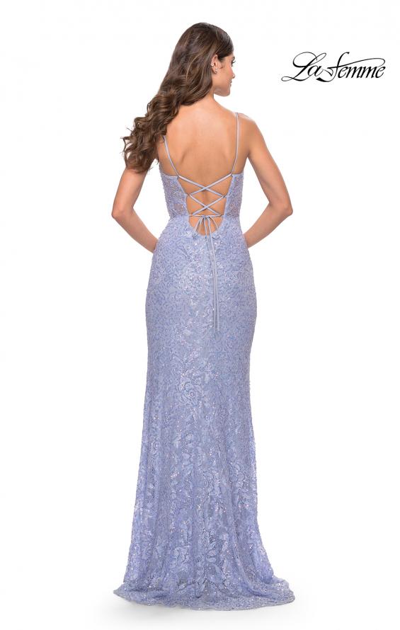 Picture of: Beaded Lace Dress with Illusion Bodice and Square Neckline in Light Periwinkle, Style: 31526, Back Picture
