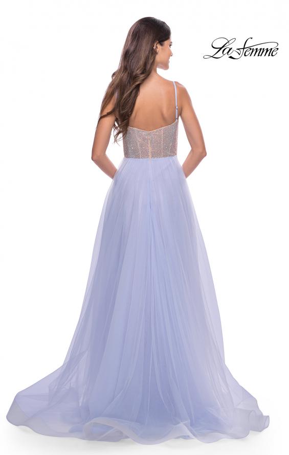 Picture of: Sheer Rhinestone Bodice A-Line Tulle Gown in Light Periwinkle, Style: 31578, Back Picture