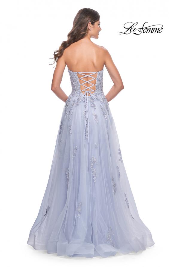 Picture of: Lace Up A-Line Dress with Ruched Bodice and Sweetheart Top in Light Periwinkle, Style: 32084, Back Picture