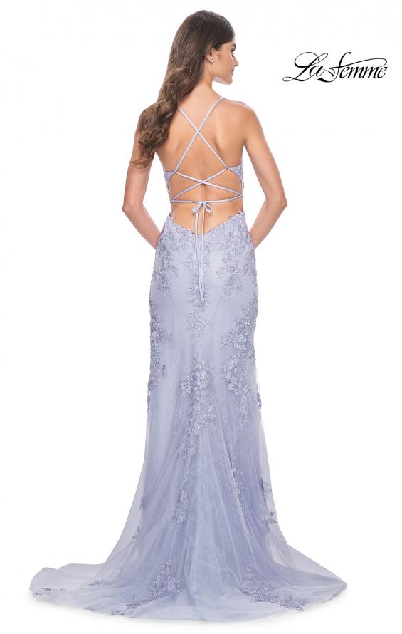 Picture of: Lace Fitted Dress with Deep V Neckline and Lace Applique in Light Periwinkle, Style: 32205, Back Picture