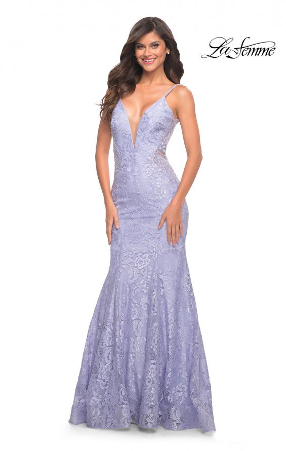 Picture of: Long Mermaid Lace Dress with Back Rhinestone Detail in Light Periwinkle, Style: 28355, Detail Picture 24