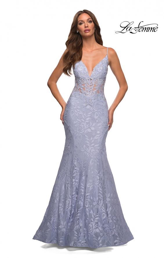 Picture of: Mermaid Lace Prom Dress with Sheer Jeweled Bodice in Light Periwinkle, Detail Picture 1