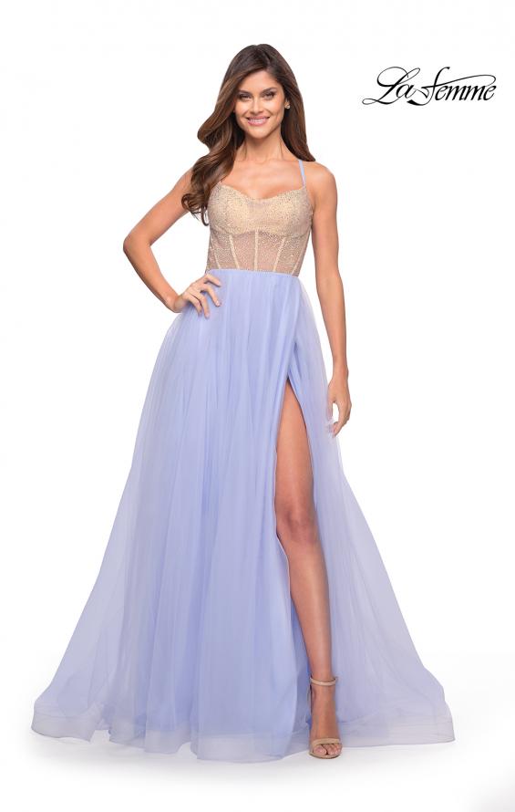 Picture of: Tulle Ball Gown with Jeweled Top and Pockets in Light Periwinkle, Style: 30697, Detail Picture 1