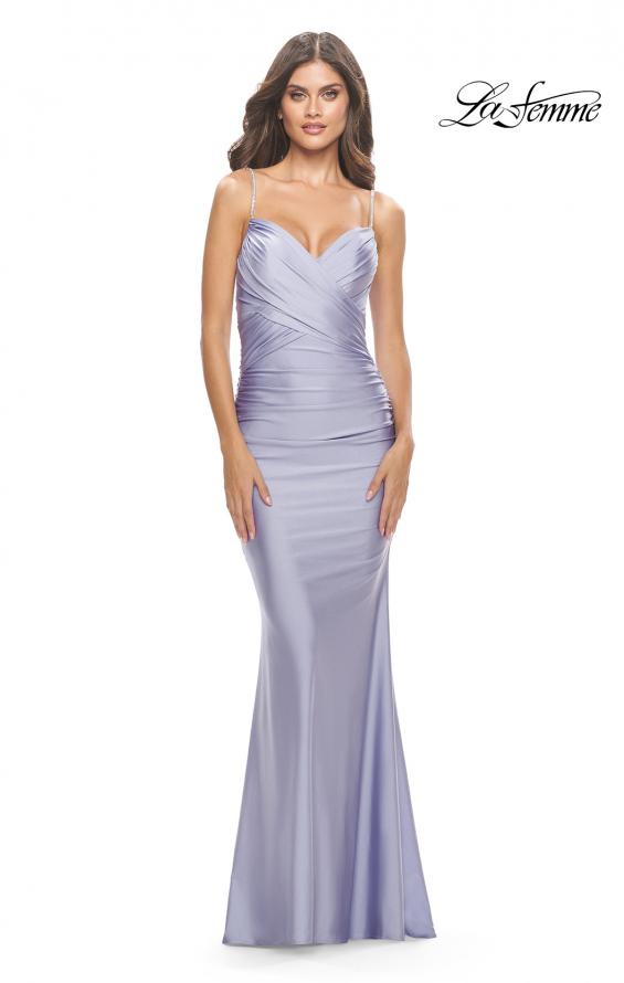 Picture of: Jersey Dress with Criss Cross Bodice and Jeweled Straps in Neon in Light Periwinkle, Style: 31222, Detail Picture 1