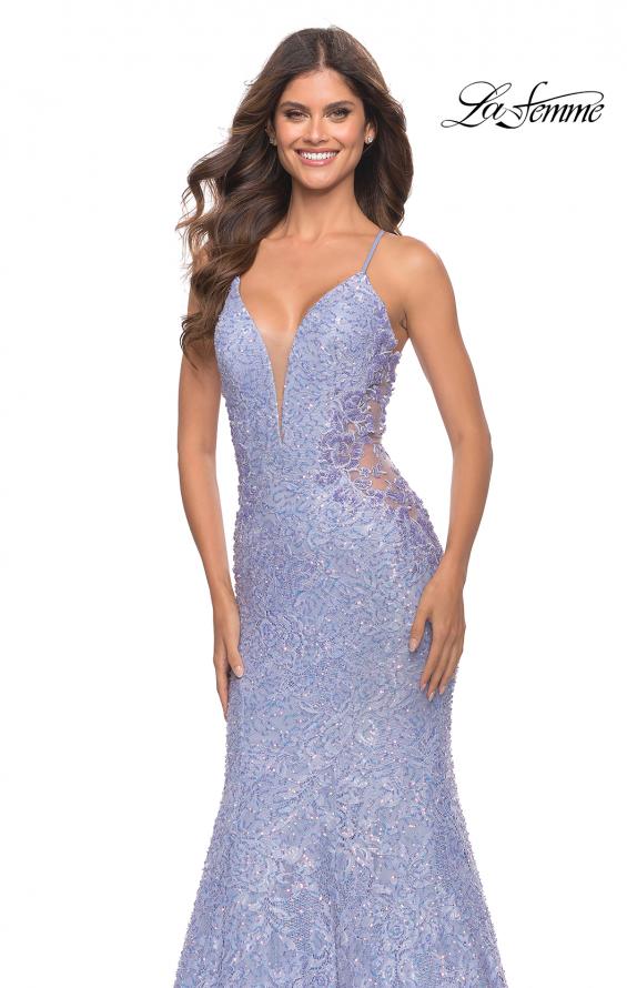 Picture of: Mermaid Beaded Lace Prom Dress with Illusion Sides in Light Periwinkle, Style: 31354, Detail Picture 1