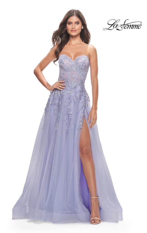 Picture of: Sweetheart Tulle Strapless Gown with Lace Applique in Light Periwinkle, Style: 31363, Detail Picture 1
