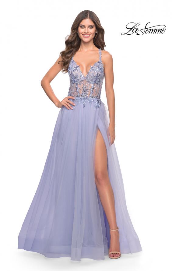 Picture of: Tulle A-Line Gown with Sheer Bodice and Beaded Lace Detail in Light Periwinkle, Style: 31369, Detail Picture 1