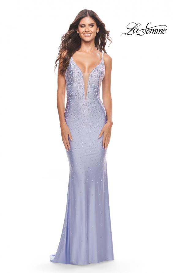 Picture of: Bedazzled Rhinestone Jersey Gown with Deep V Neckline in Neon in Light Periwinkle, Style: 31413, Detail Picture 1