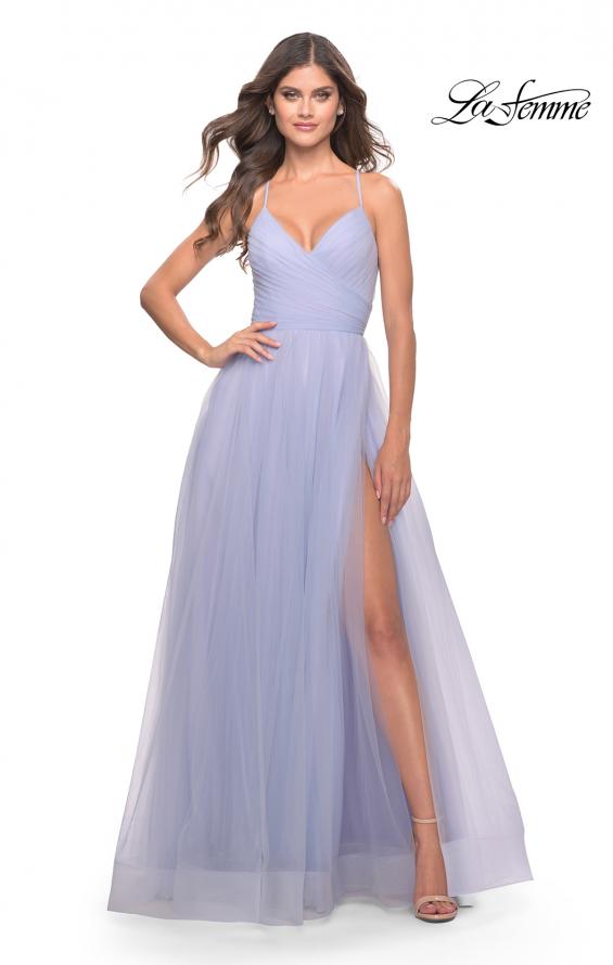 Picture of: Long Tulle A-line Gown with Side Slit and Pockets in Light Periwinkle, Style: 31501, Detail Picture 1