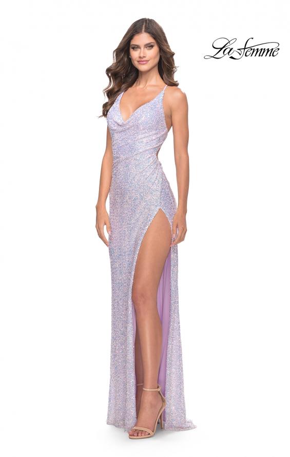 Picture of: Cowl Neck Stretch Sequin Dress with Slit in Light Periwinkle, Style: 31517, Detail Picture 1