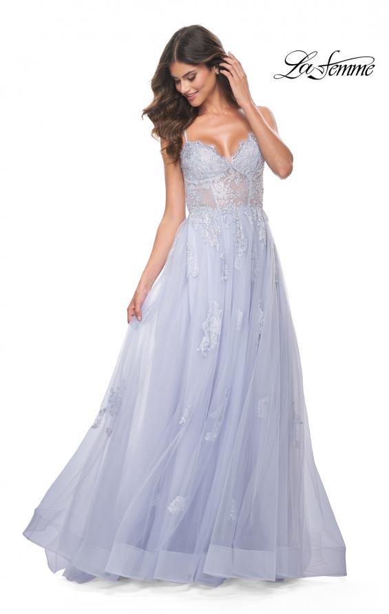 Picture of: A-Line Tulle Gown with Scallop Detail Bodice and Lace Applique in Light Periwinkle, Style: 32028, Detail Picture 1