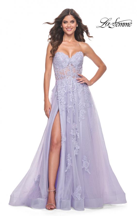 Picture of: Sweetheart Strapless Tulle A-Line Prom Dress with Lace Details in Light Periwinkle, Style: 32145, Detail Picture 1